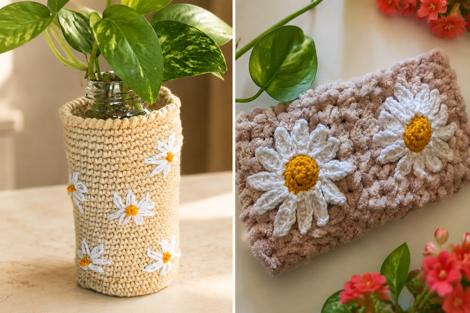 Flowered crochet bag styled with greenery