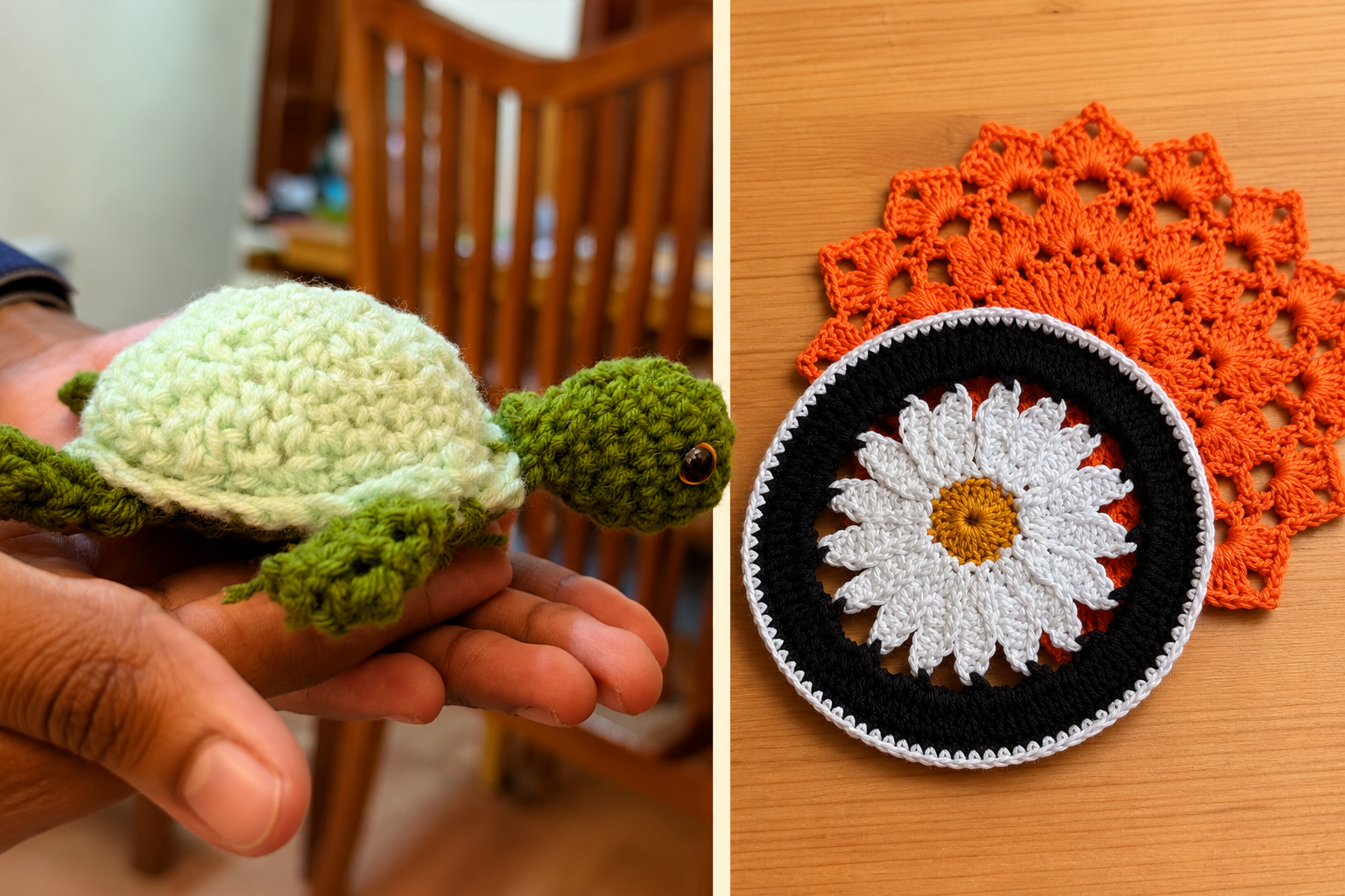 Finished handmade crochet turtle held in two hands