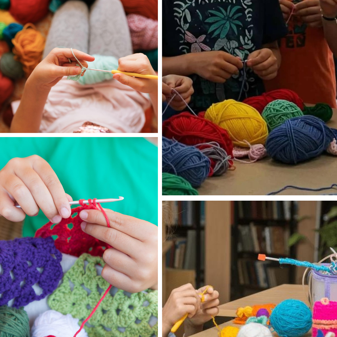Hands crocheting during a workshop